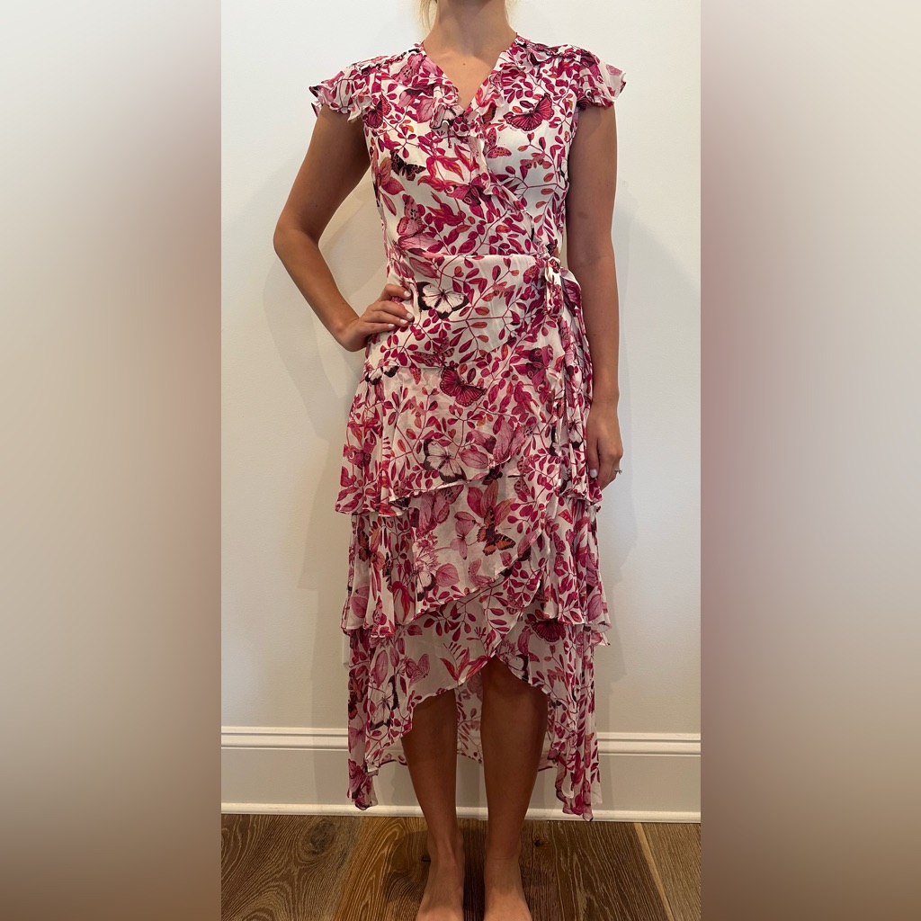 Hale Bob Pink Floral Ruffle Wrap Dress